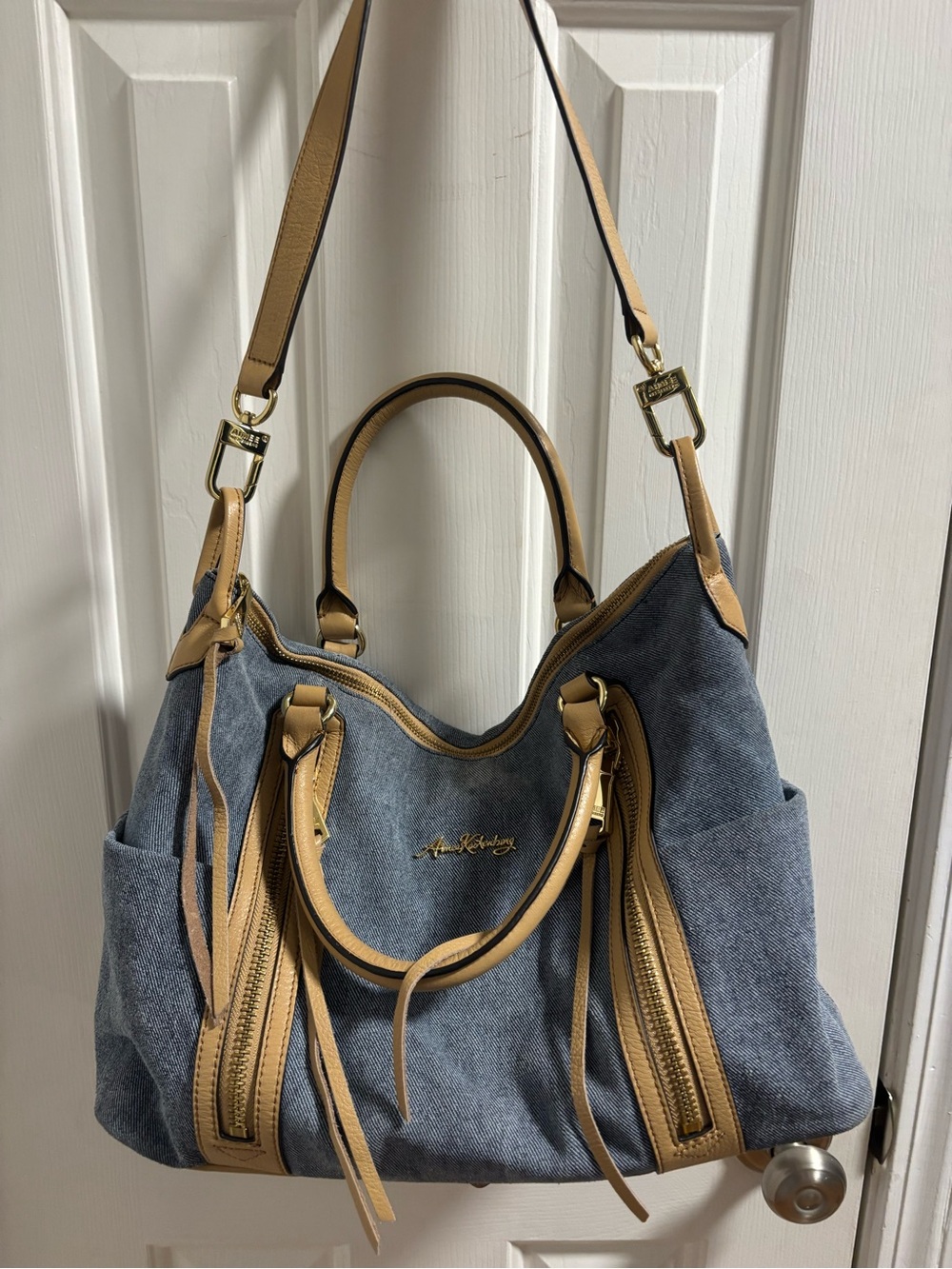 Aimee Kestenberg Denim Leather Satchel - Tan Trim & Double Zippers - EUC - Picture 3 of 13